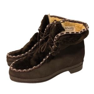 Snowland‎ Brown Suede Leather Faux Fur Boots Sherpa Lined England Womens 8 Vtg